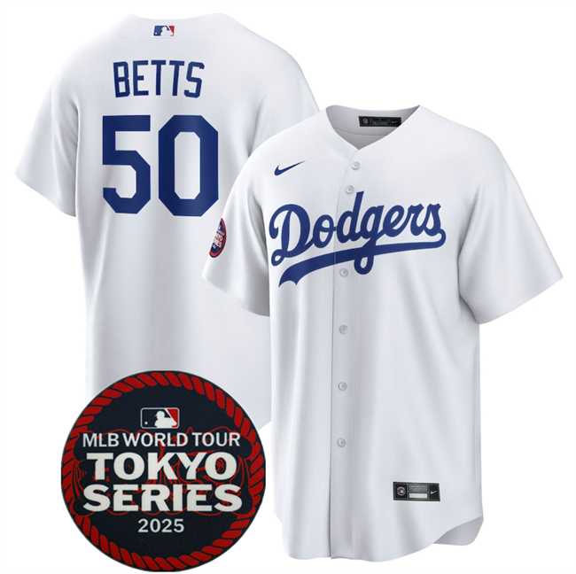 Mens Los Angeles Dodgers #50 Mookie Betts White 2025 World Tour Tokyo Series Home Stitched Jersey Dzhi